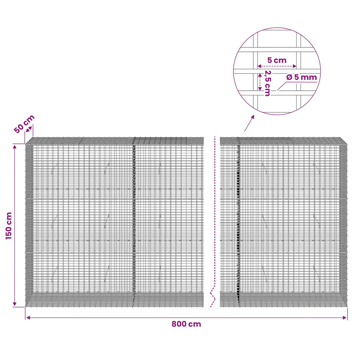 Gabion with 5 mm Wire and 5x2.5 cm Mesh 800x50x150 cm