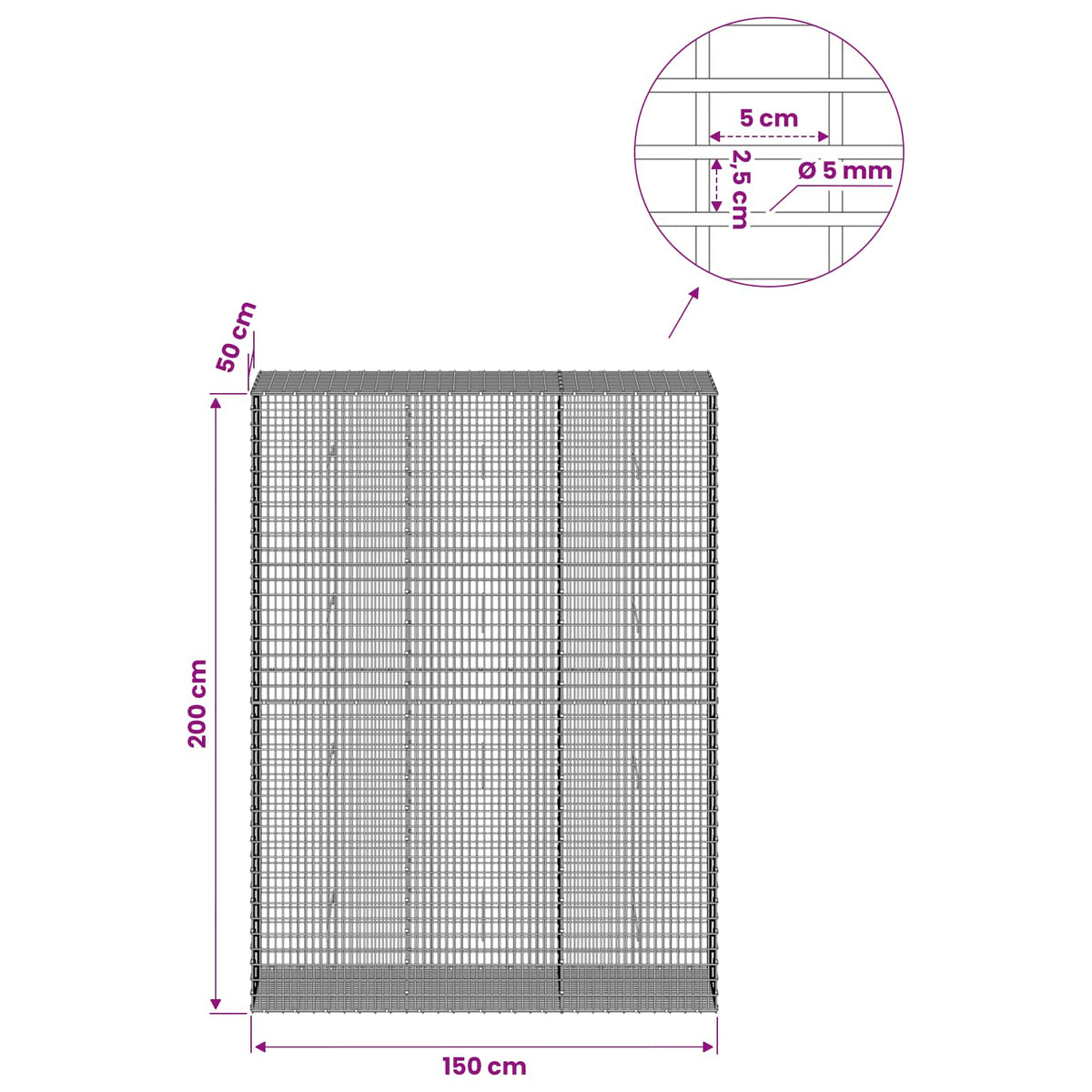 Gabion with 5 mm Wire and 5x2.5 cm Mesh 150x50x200 cm