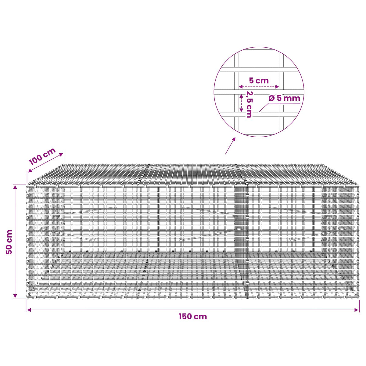Gabion with 5 mm Wire and 5x2.5 cm Mesh 150x100x50 cm