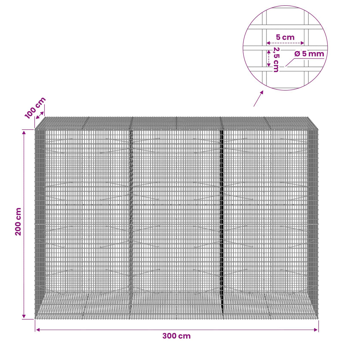 Gabion with 5 mm Wire and 5x2.5 cm Mesh 300x100x200 cm