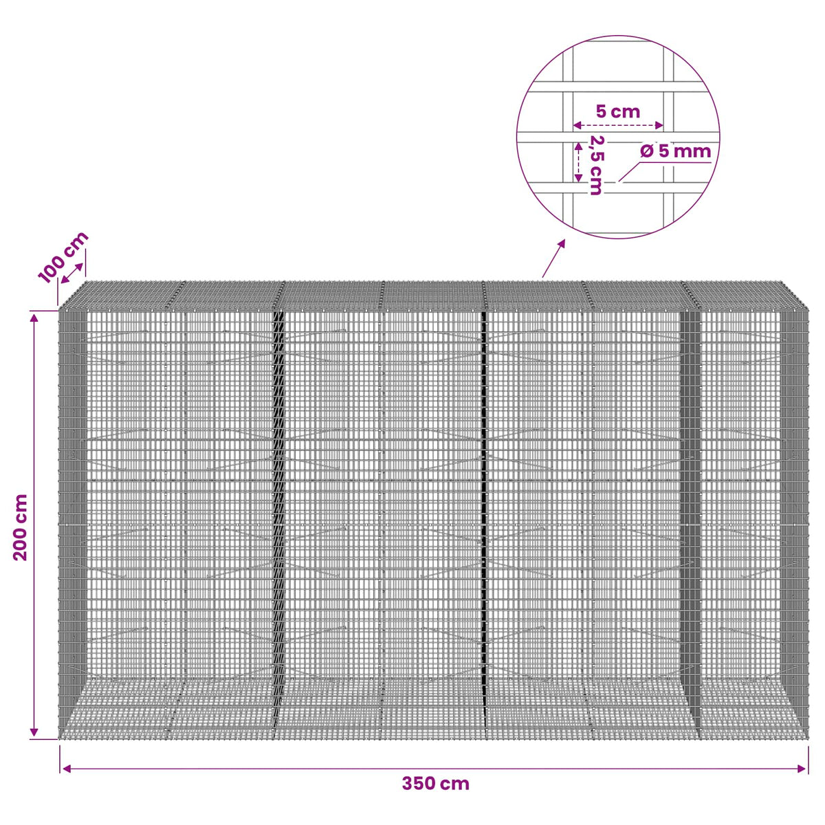 Gabion with 5 mm Wire and 5x2.5 cm Mesh 350x100x200 cm