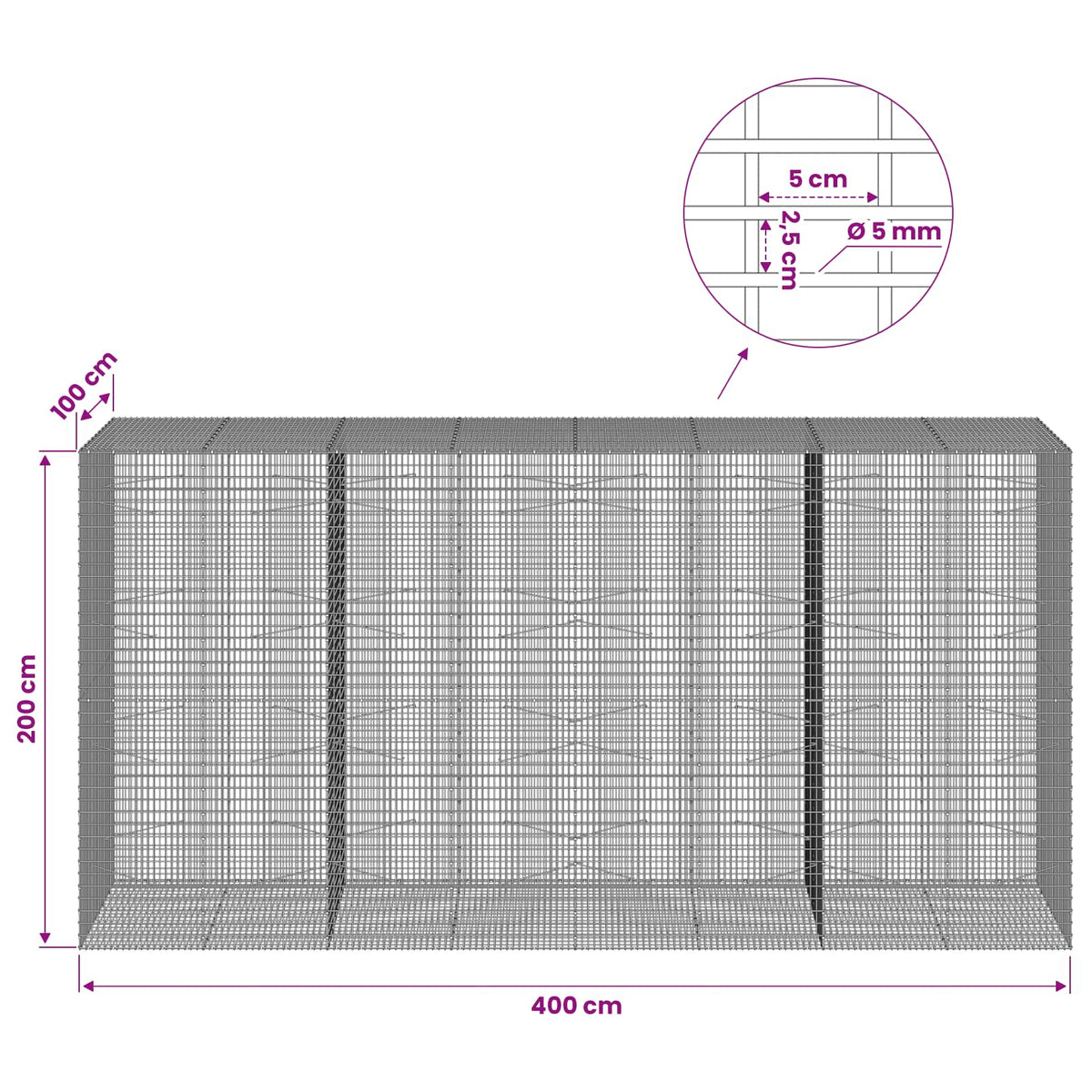 Gabion with 5 mm Wire and 5x2.5 cm Mesh 400x100x200 cm