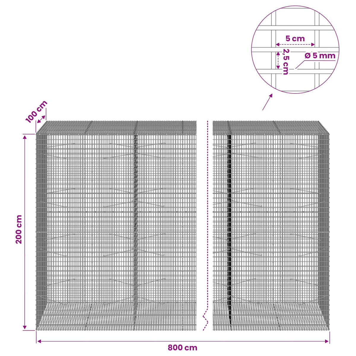 Gabion with 5 mm Wire and 5x2.5 cm Mesh 800x100x200 cm