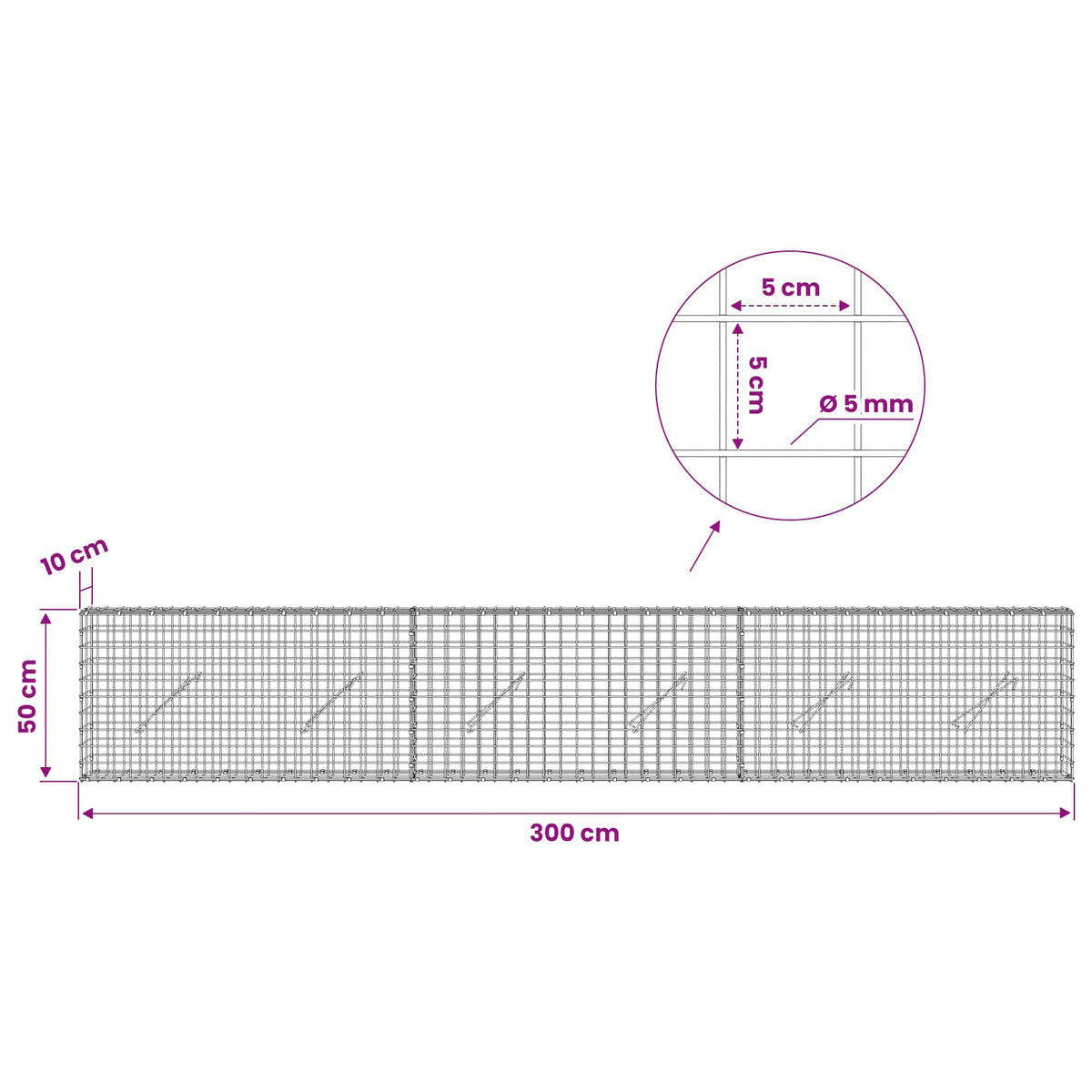 Gabion with 5 mm Wire and 5x5 cm Mesh 300x10x50 cm