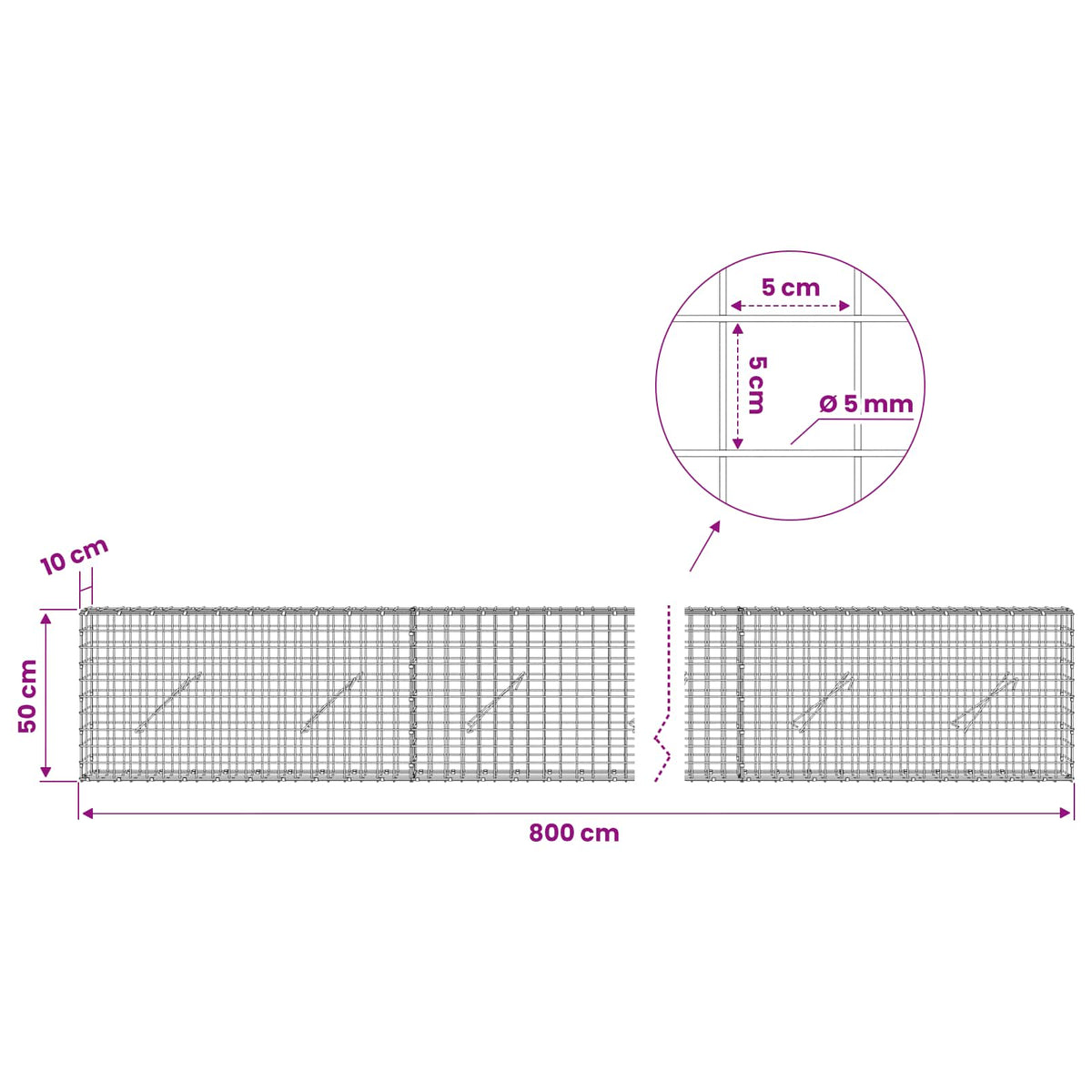 Gabion with 5 mm Wire and 5x5 cm Mesh 800x10x50 cm