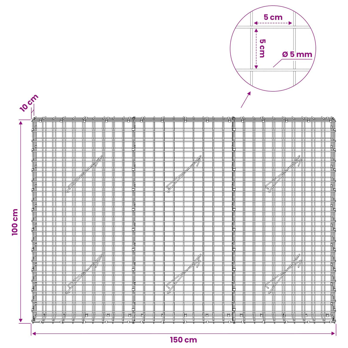 Gabion with 5 mm Wire and 5x5 cm Mesh 150x10x100 cm