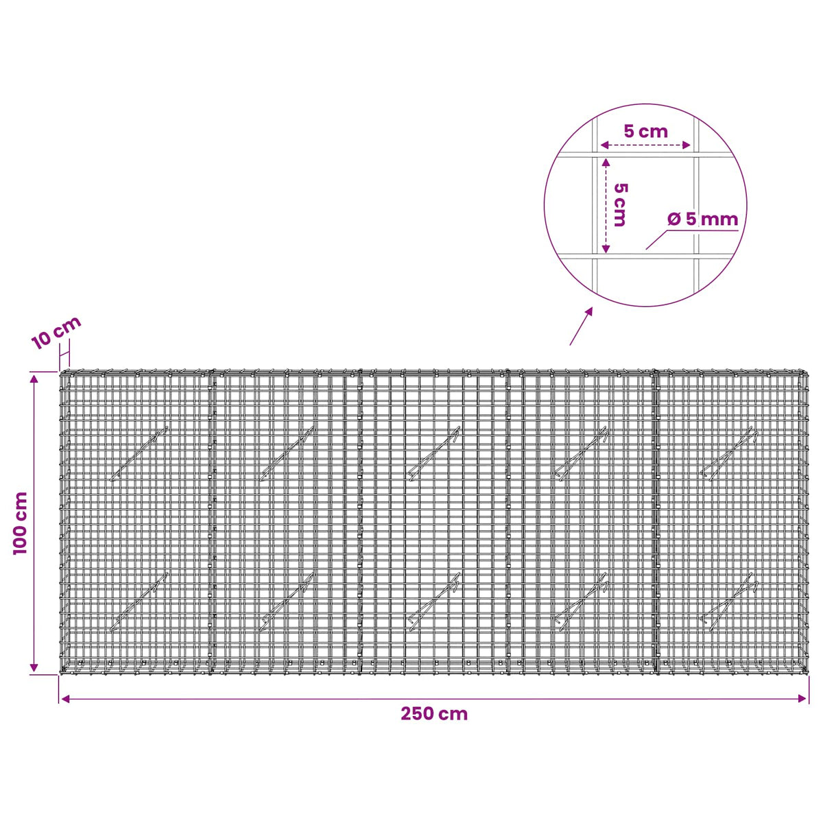 Gabion with 5 mm Wire and 5x5 cm Mesh 250x10x100 cm