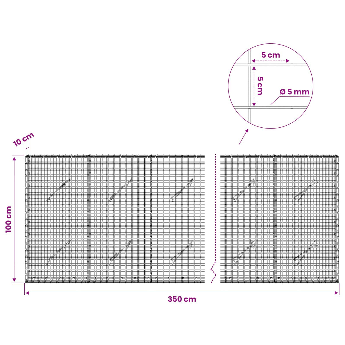 Gabion with 5 mm Wire and 5x5 cm Mesh 350x10x100 cm