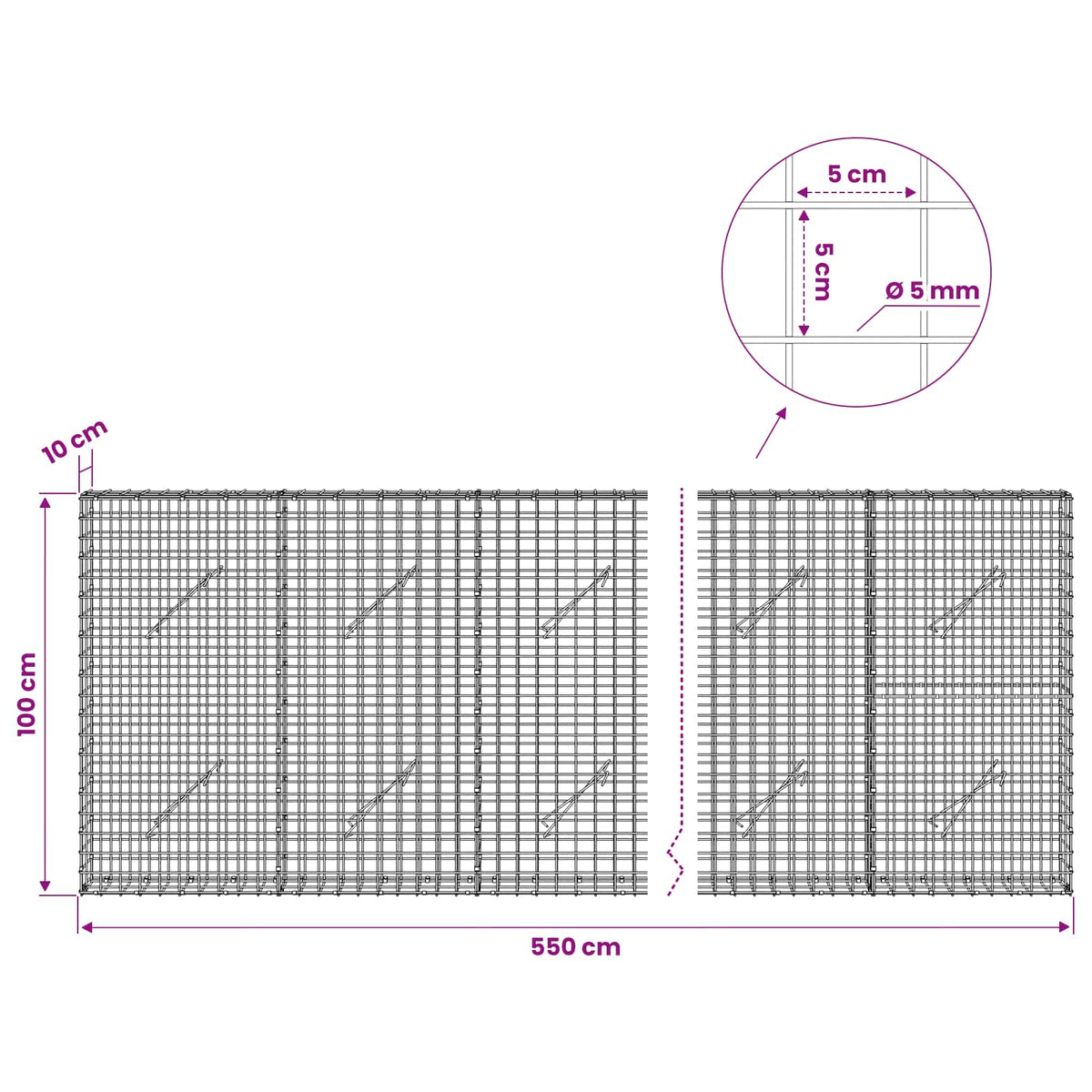 Gabion with 5 mm Wire and 5x5 cm Mesh 550x10x100 cm