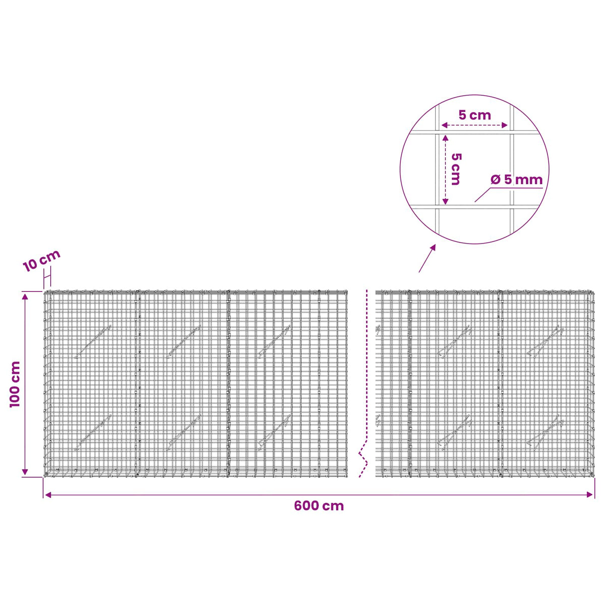 Gabion with 5 mm Wire and 5x5 cm Mesh 600x10x100 cm