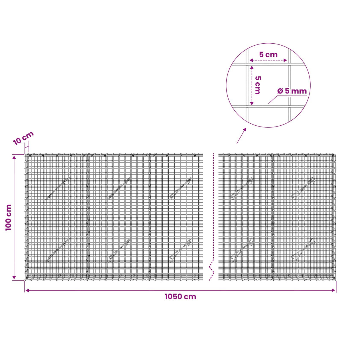 Gabion with 5 mm Wire and 5x5 cm Mesh 1050x10x100 cm