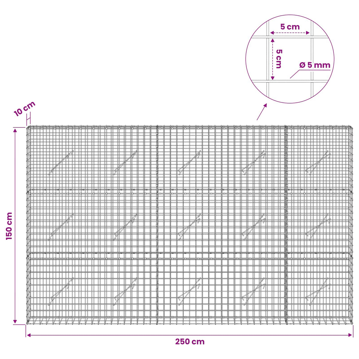 Gabion with 5 mm Wire and 5x5 cm Mesh 250x10x150 cm