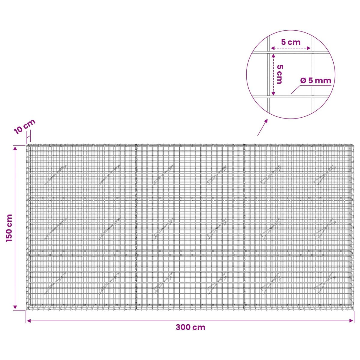 Gabion with 5 mm Wire and 5x5 cm Mesh 300x10x150 cm