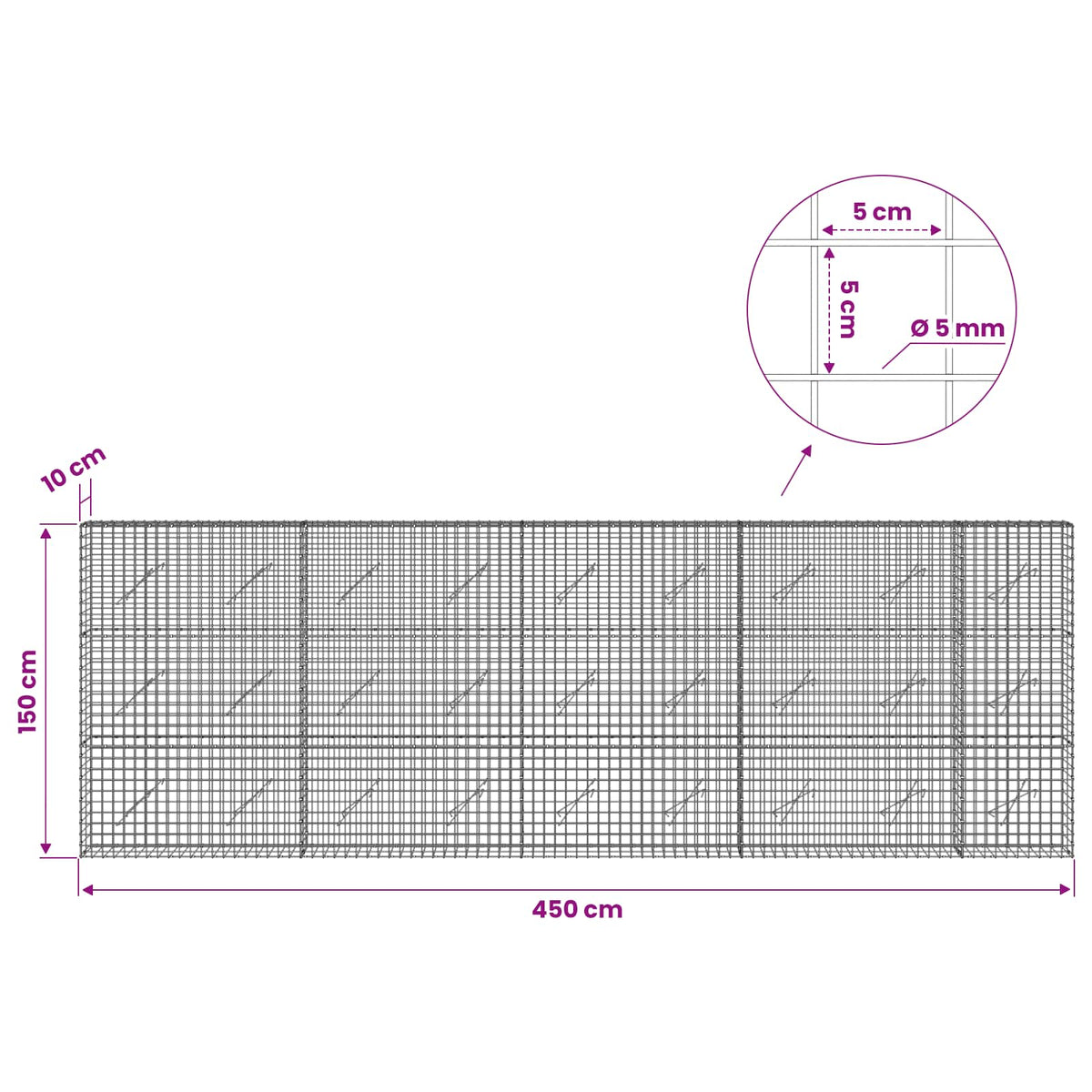 Gabion with 5 mm Wire and 5x5 cm Mesh 450x10x150 cm