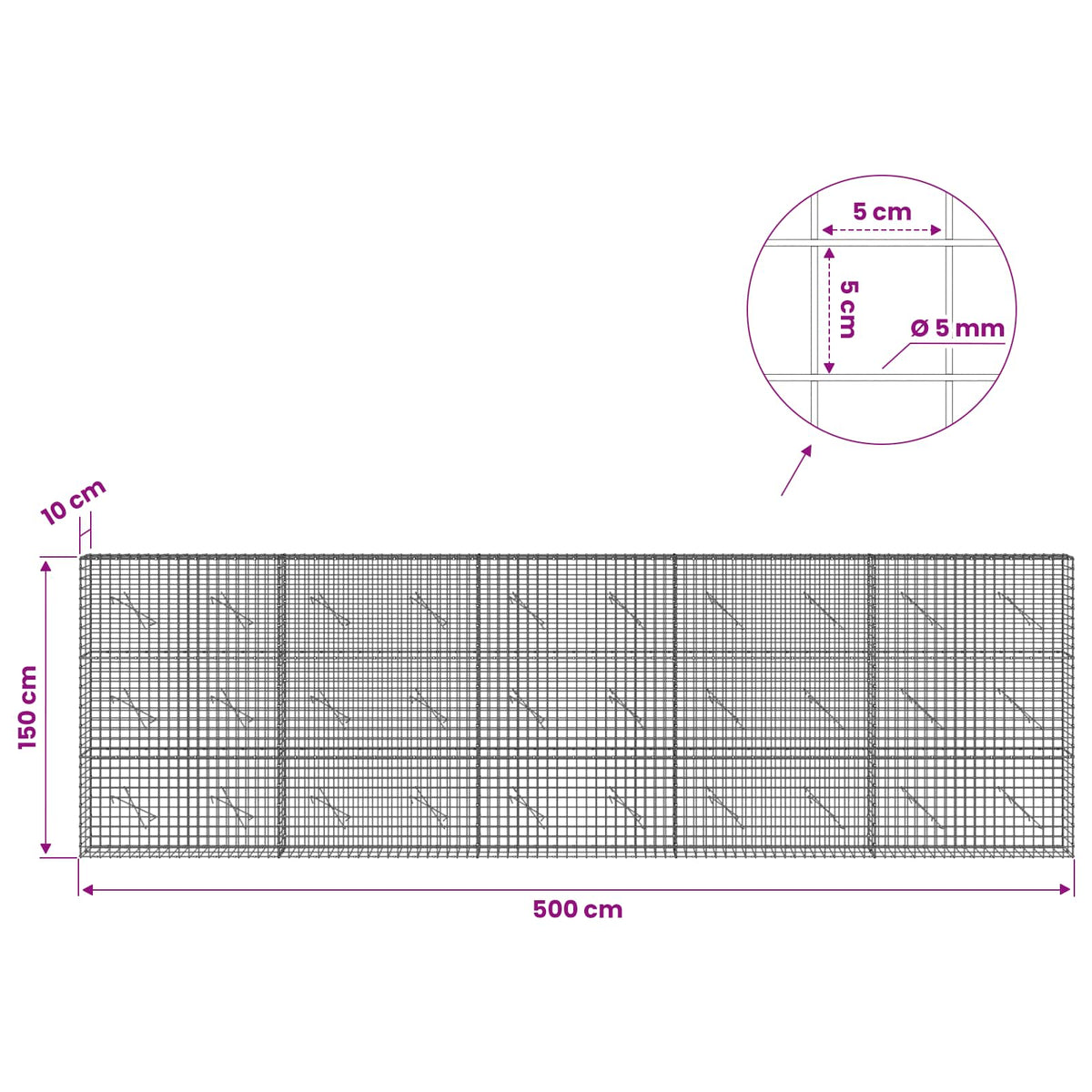 Gabion with 5 mm Wire and 5x5 cm Mesh 500x10x150 cm
