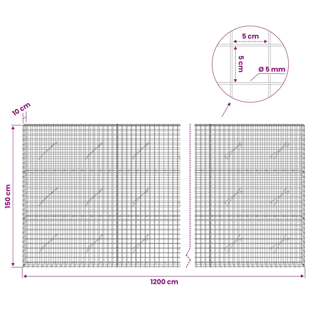 Gabion with 5 mm Wire and 5x5 cm Mesh 1200x10x150 cm