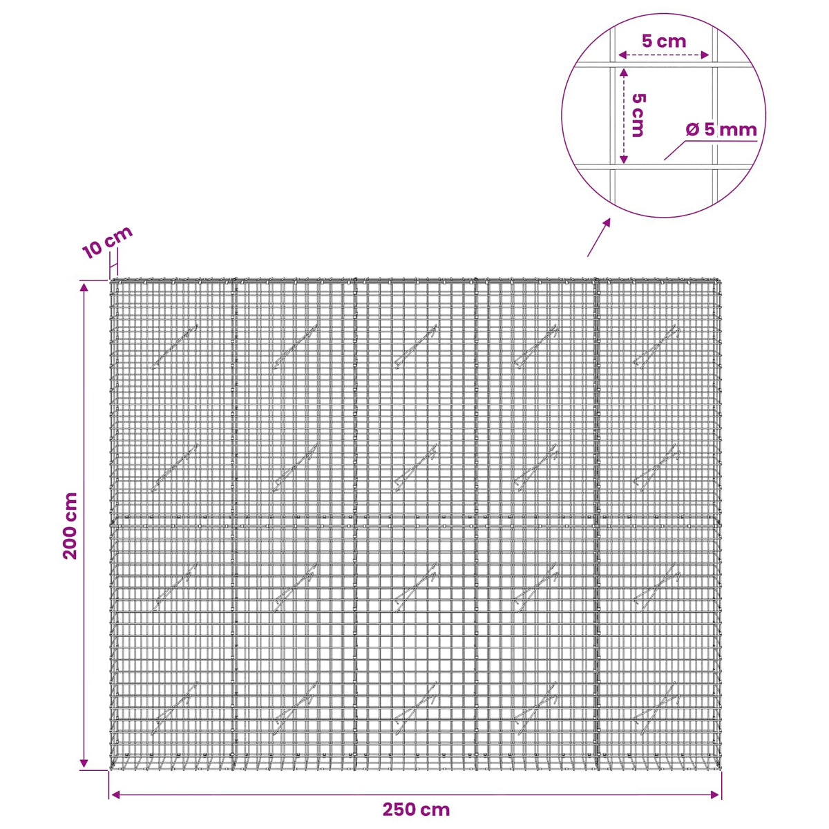 Gabion with 5 mm Wire and 5x5 cm Mesh 250x10x200 cm
