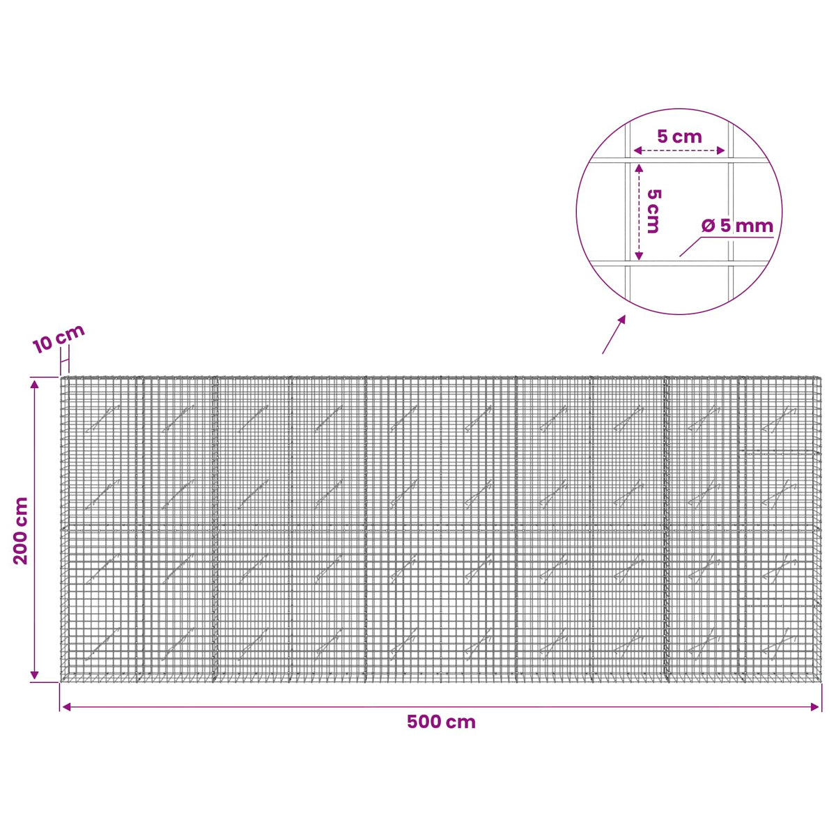 Gabion with 5 mm Wire and 5x5 cm Mesh 500x10x200 cm