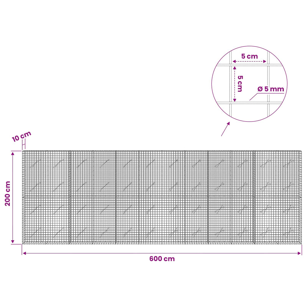 Gabion with 5 mm Wire and 5x5 cm Mesh 600x10x200 cm