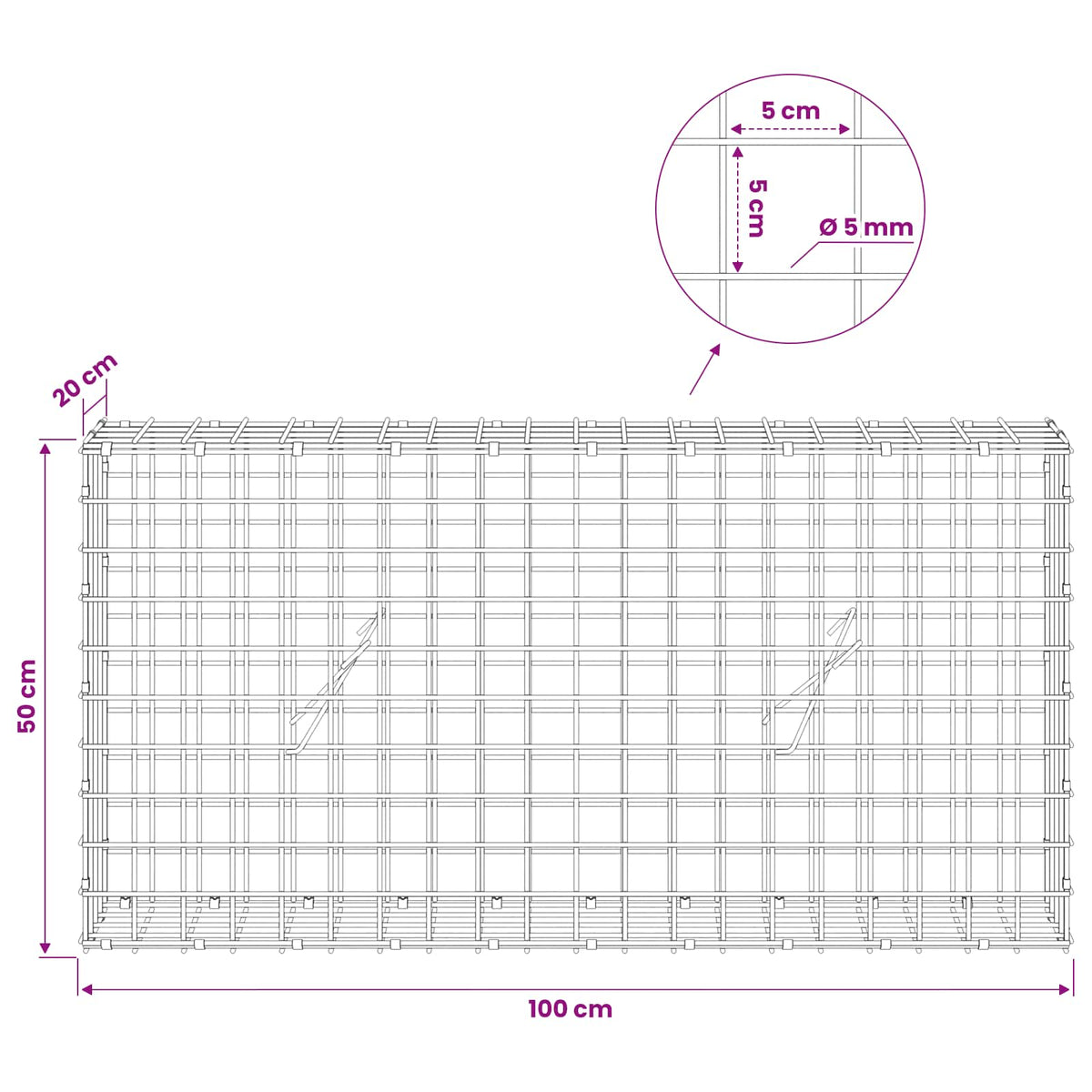 Gabion with 5 mm Wire and 5x5 cm Mesh 100x20x50 cm