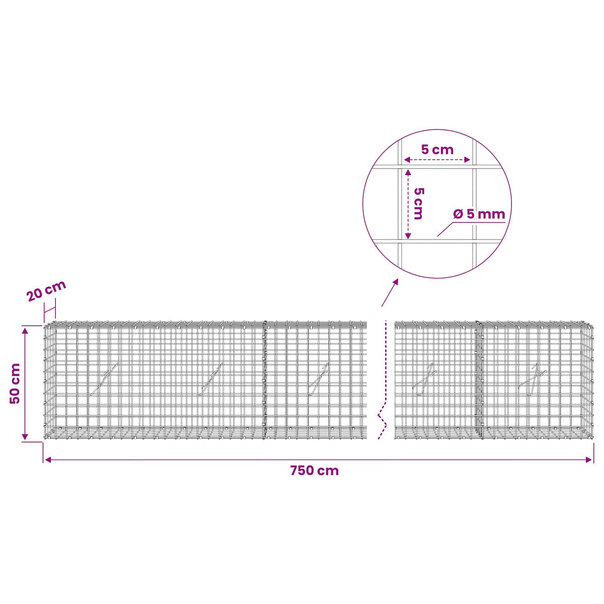 Gabion with 5 mm Wire and 5x5 cm Mesh 750x20x50 cm