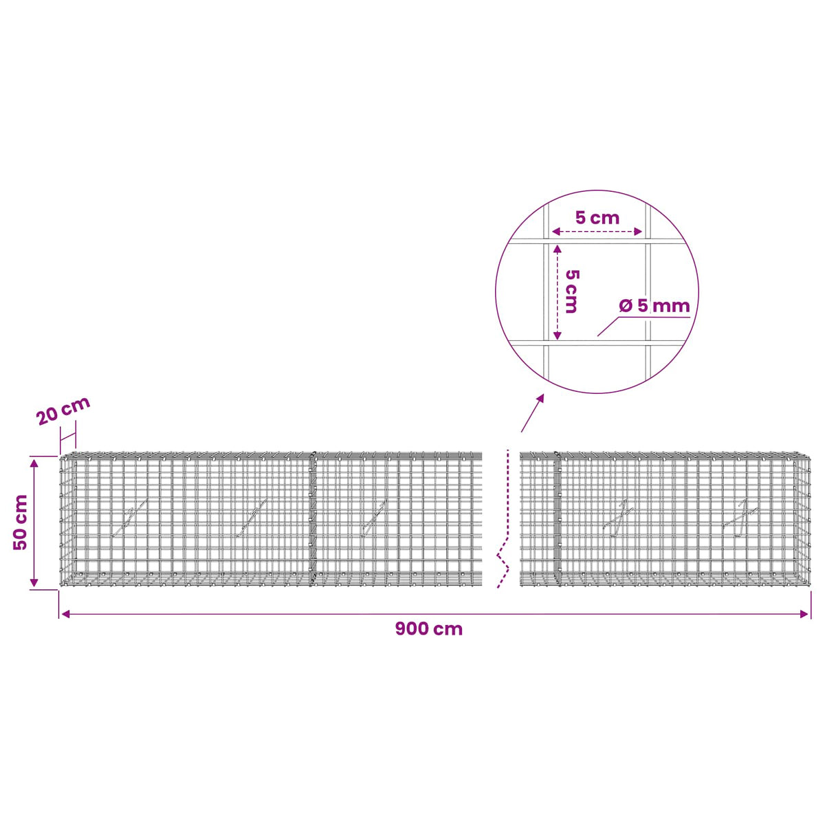 Gabion with 5 mm Wire and 5x5 cm Mesh 900x20x50 cm