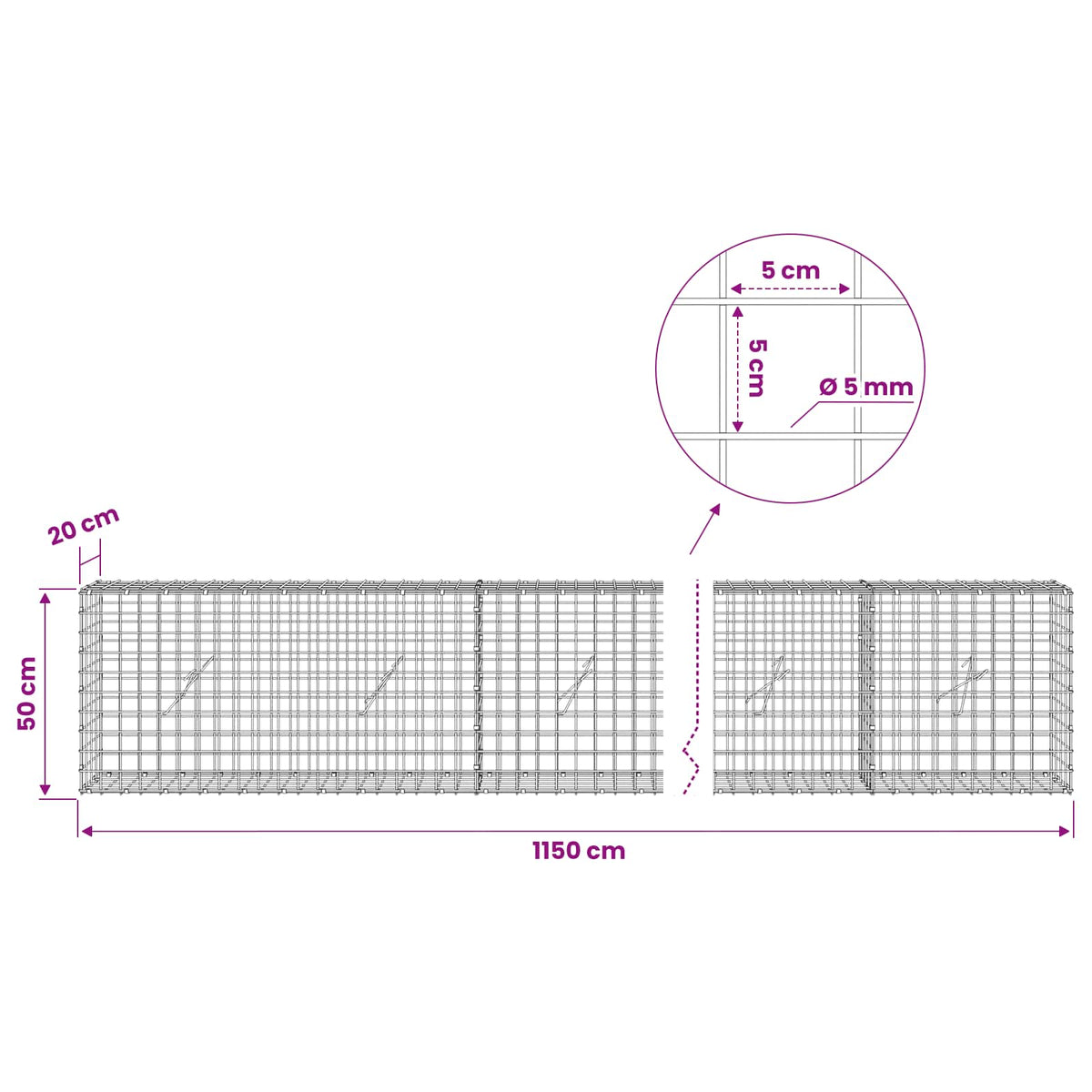 Gabion with 5 mm Wire and 5x5 cm Mesh 1150x20x50 cm