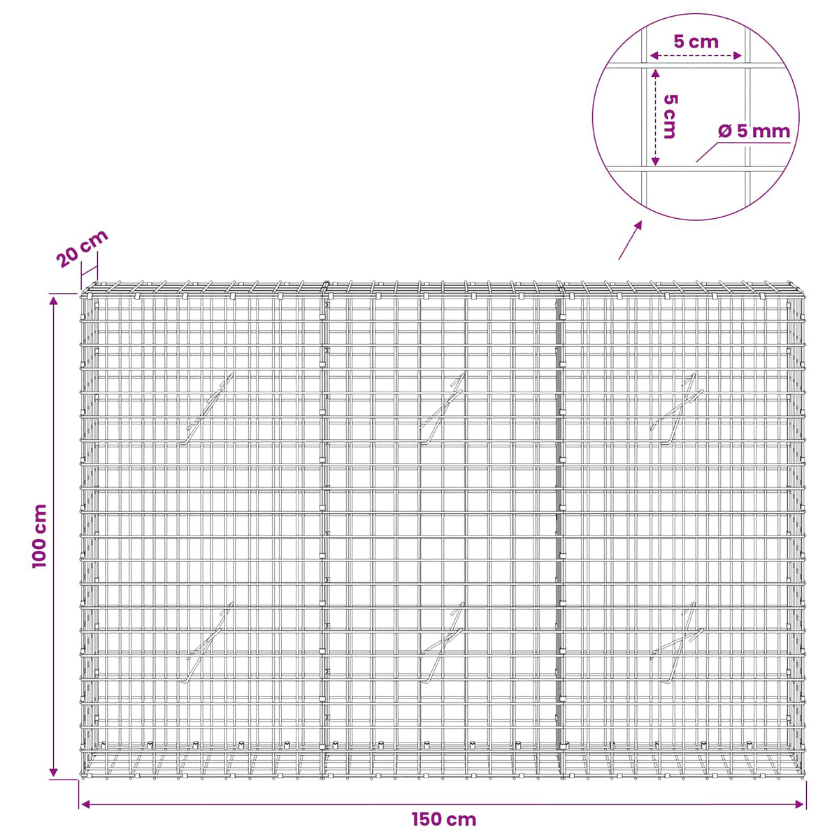 Gabion with 5 mm Wire and 5x5 cm Mesh 150x20x100 cm