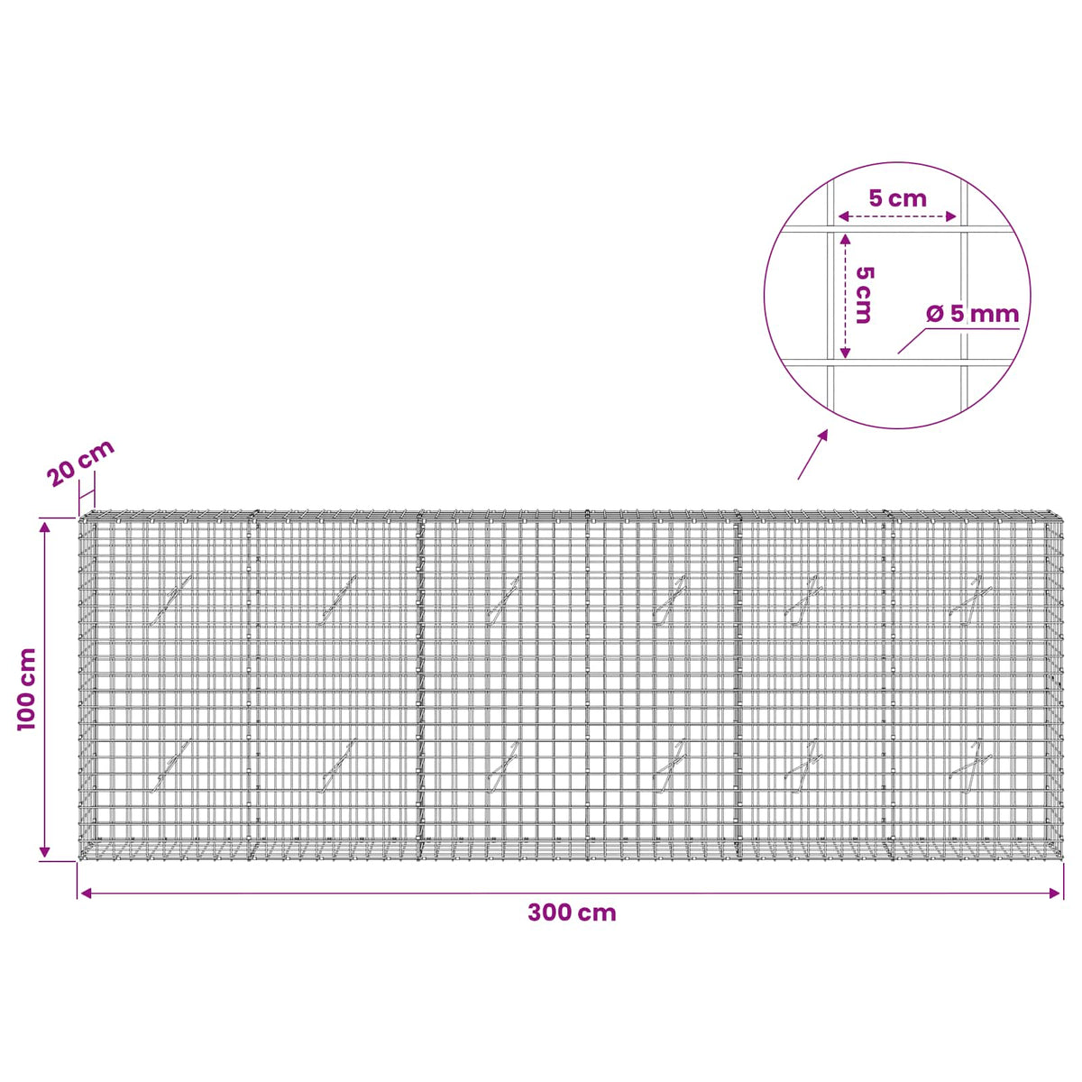 Gabion with 5 mm Wire and 5x5 cm Mesh 300x20x100 cm