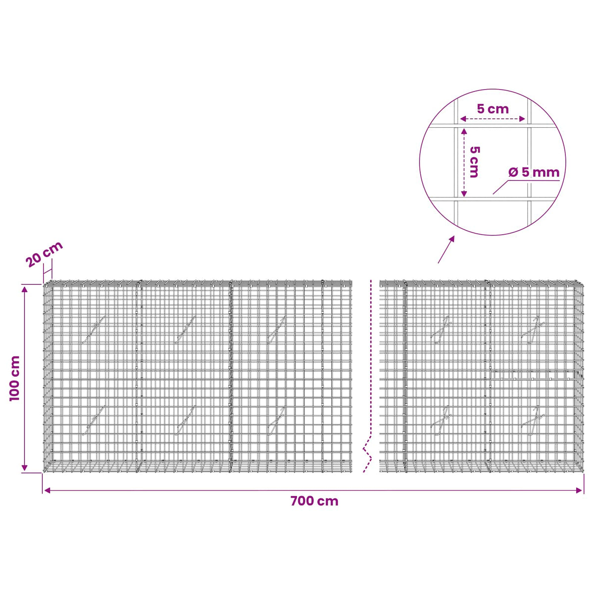 Gabion with 5 mm Wire and 5x5 cm Mesh 700x20x100 cm