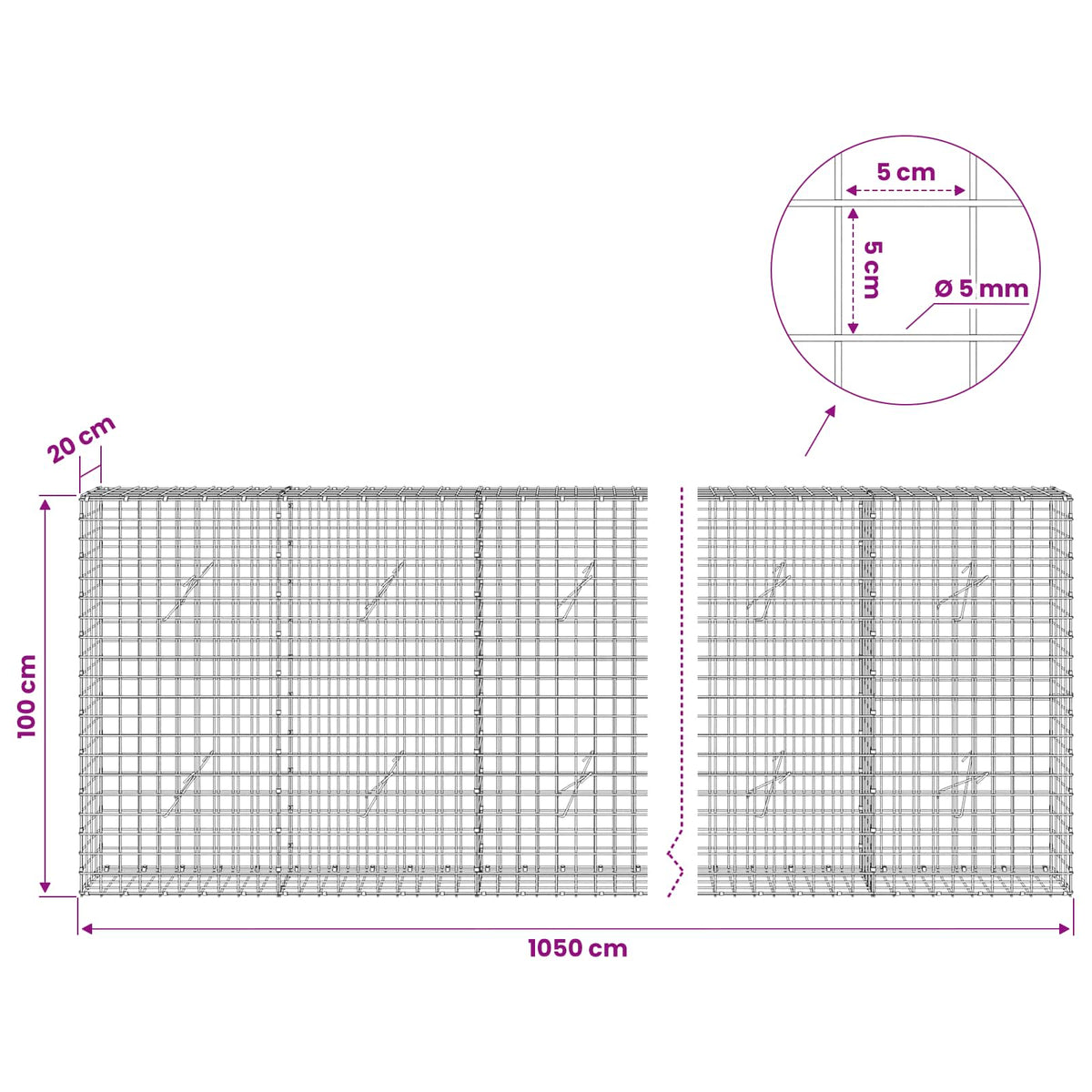 Gabion with 5 mm Wire and 5x5 cm Mesh 1050x20x100 cm