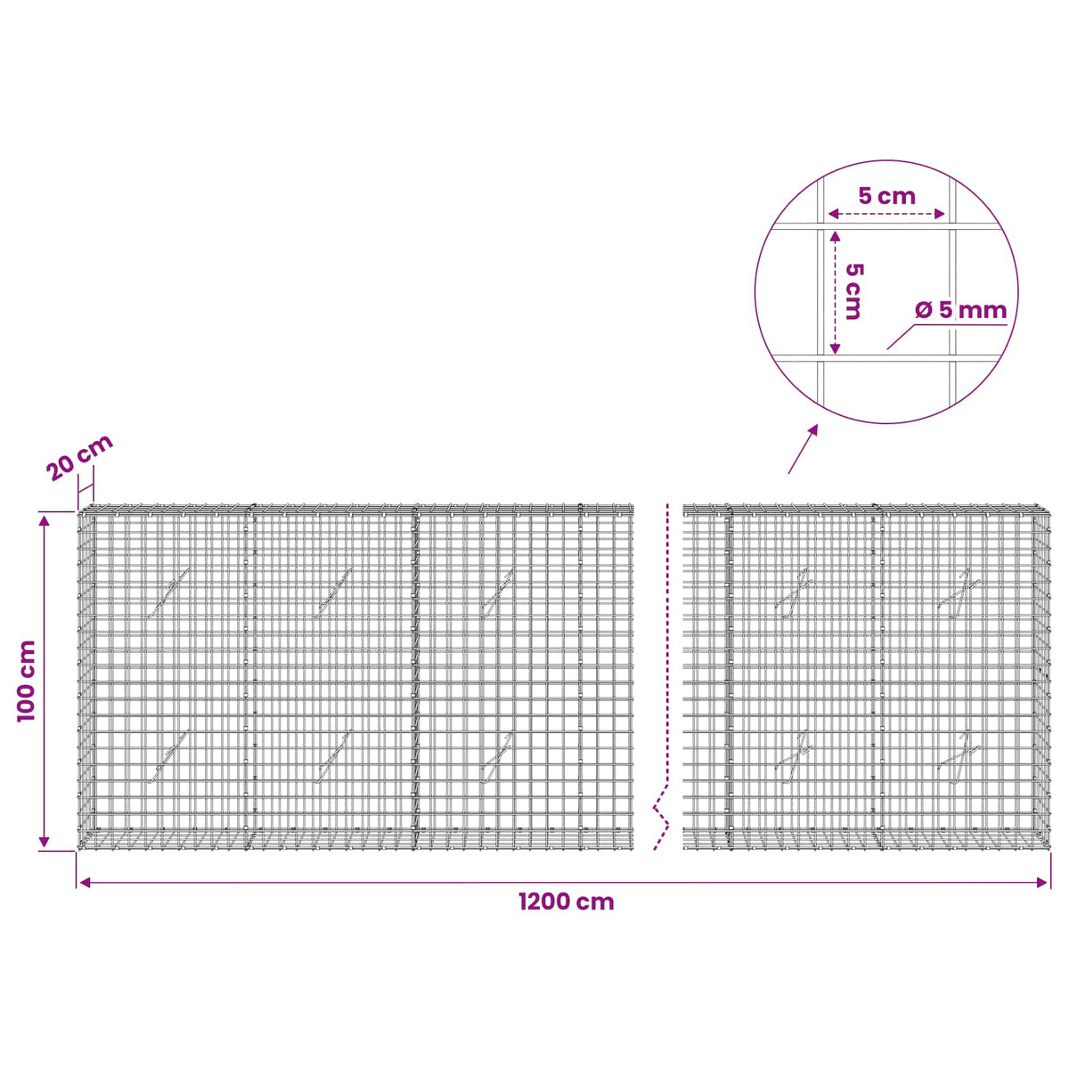 Gabion with 5 mm Wire and 5x5 cm Mesh 1200x20x100 cm