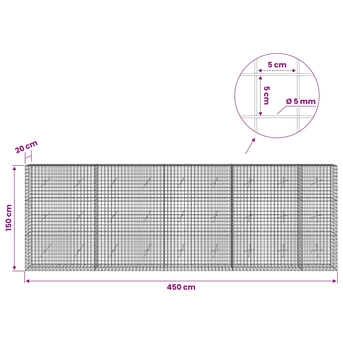 Gabion with 5 mm Wire and 5x5 cm Mesh 450x20x150 cm