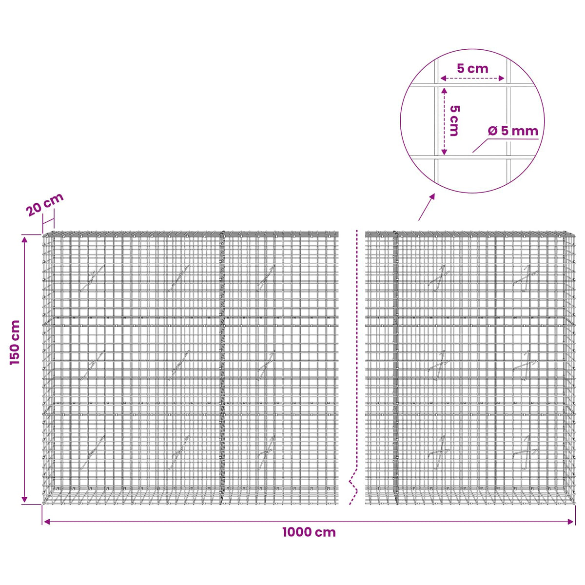 Gabion with 5 mm Wire and 5x5 cm Mesh 1000x20x150 cm