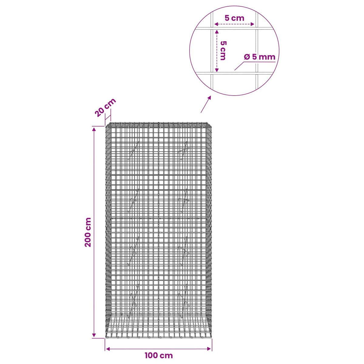 Gabion with 5 mm Wire and 5x5 cm Mesh 100x20x200 cm
