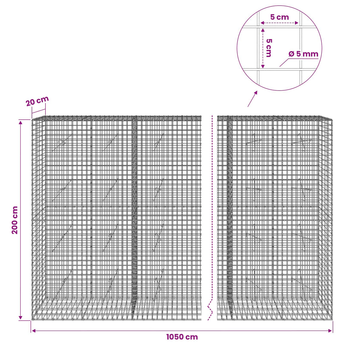 Gabion with 5 mm Wire and 5x5 cm Mesh 1050x20x200 cm