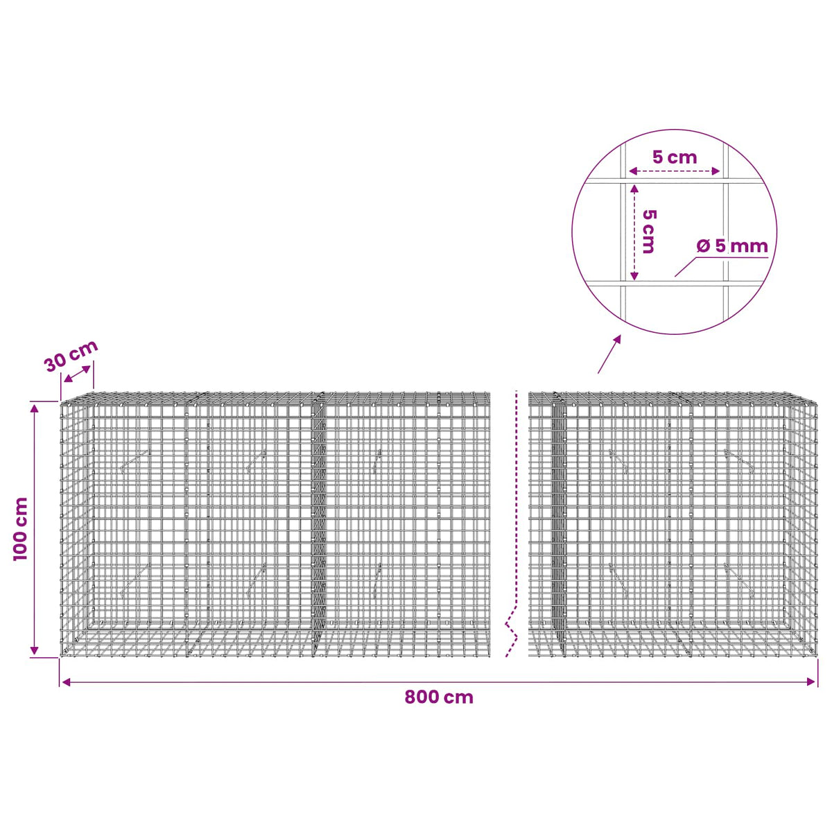 Gabion with 5 mm Wire and 5x5 cm Mesh 800x30x100 cm