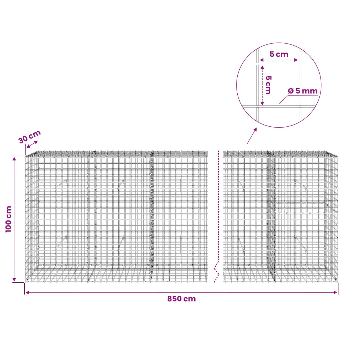 Gabion with 5 mm Wire and 5x5 cm Mesh 850x30x100 cm