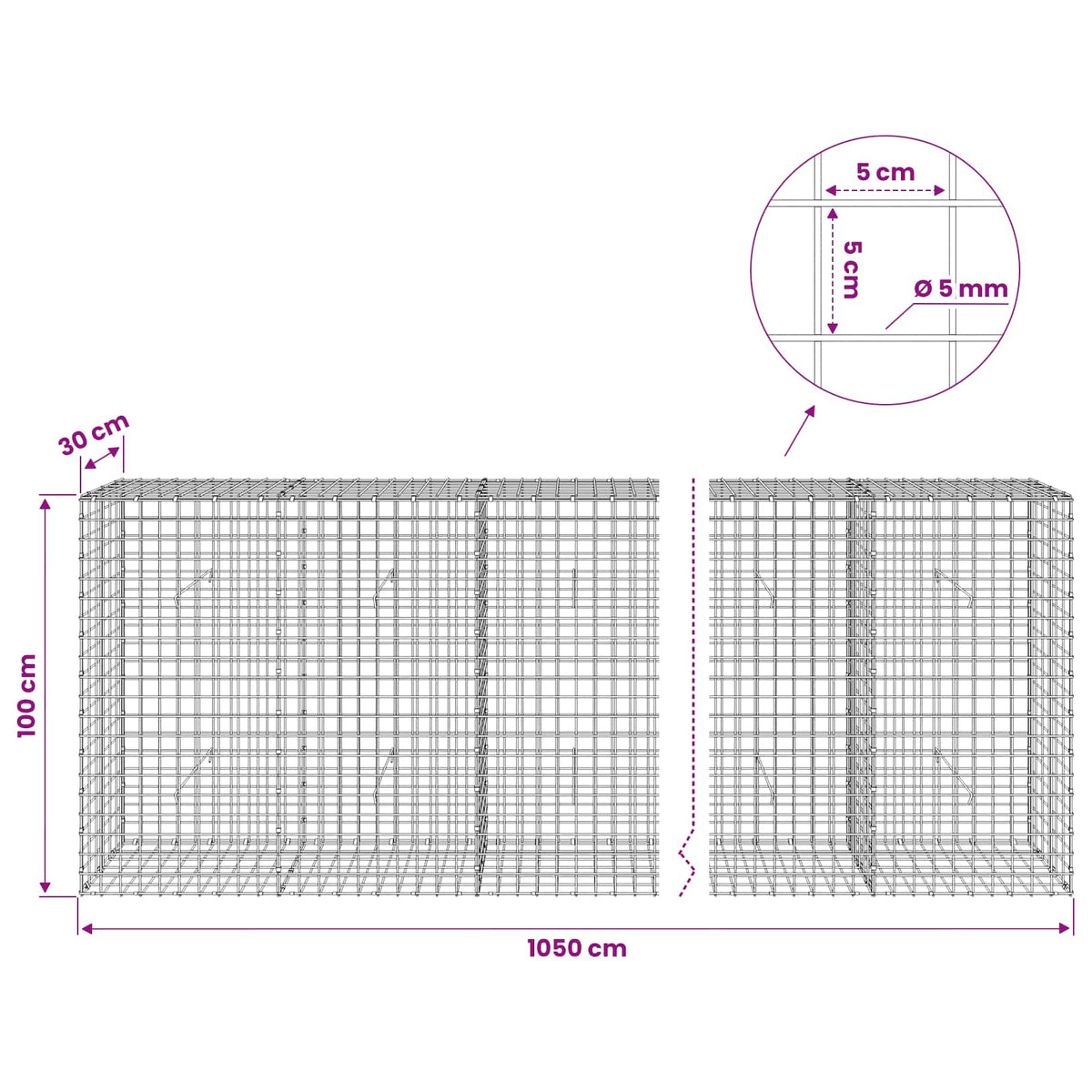 Gabion with 5 mm Wire and 5x5 cm Mesh 1050x30x100 cm