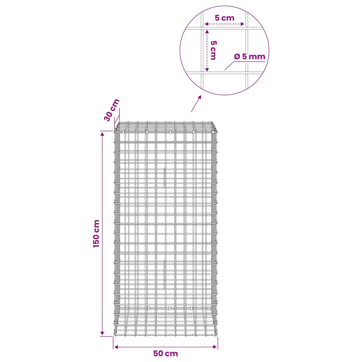 Gabion with 5 mm Wire and 5x5 cm Mesh 50x30x150 cm
