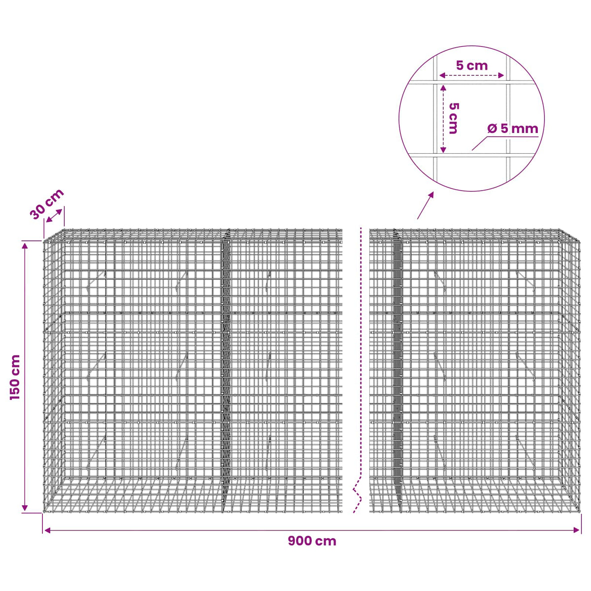 Gabion with 5 mm Wire and 5x5 cm Mesh 900x30x150 cm