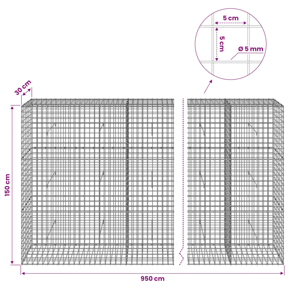 Gabion with 5 mm Wire and 5x5 cm Mesh 950x30x150 cm