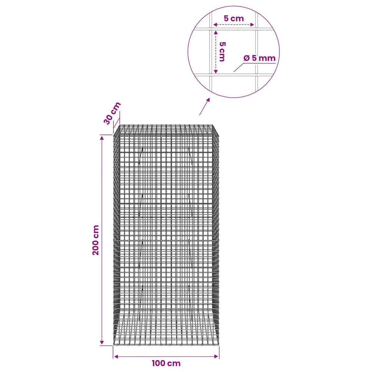 Gabion with 5 mm Wire and 5x5 cm Mesh 100x30x200 cm