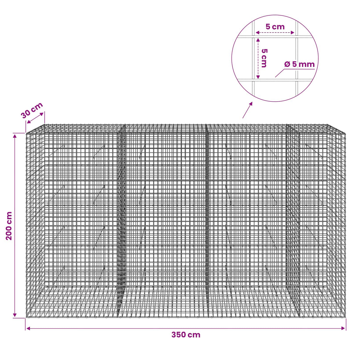 Gabion with 5 mm Wire and 5x5 cm Mesh 350x30x200 cm