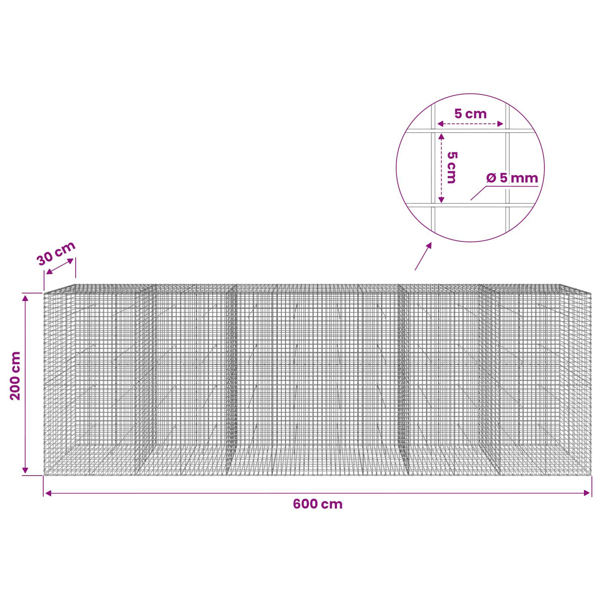 Gabion with 5 mm Wire and 5x5 cm Mesh 600x30x200 cm