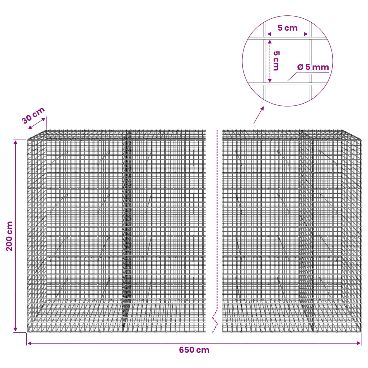 Gabion with 5 mm Wire and 5x5 cm Mesh 650x30x200 cm
