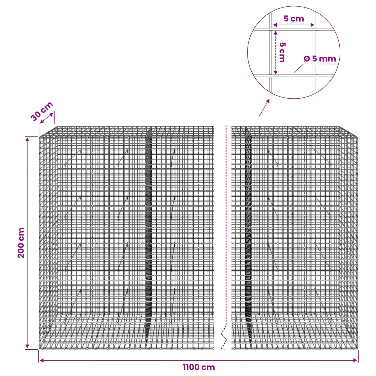 Gabion with 5 mm Wire and 5x5 cm Mesh 1100x30x200 cm