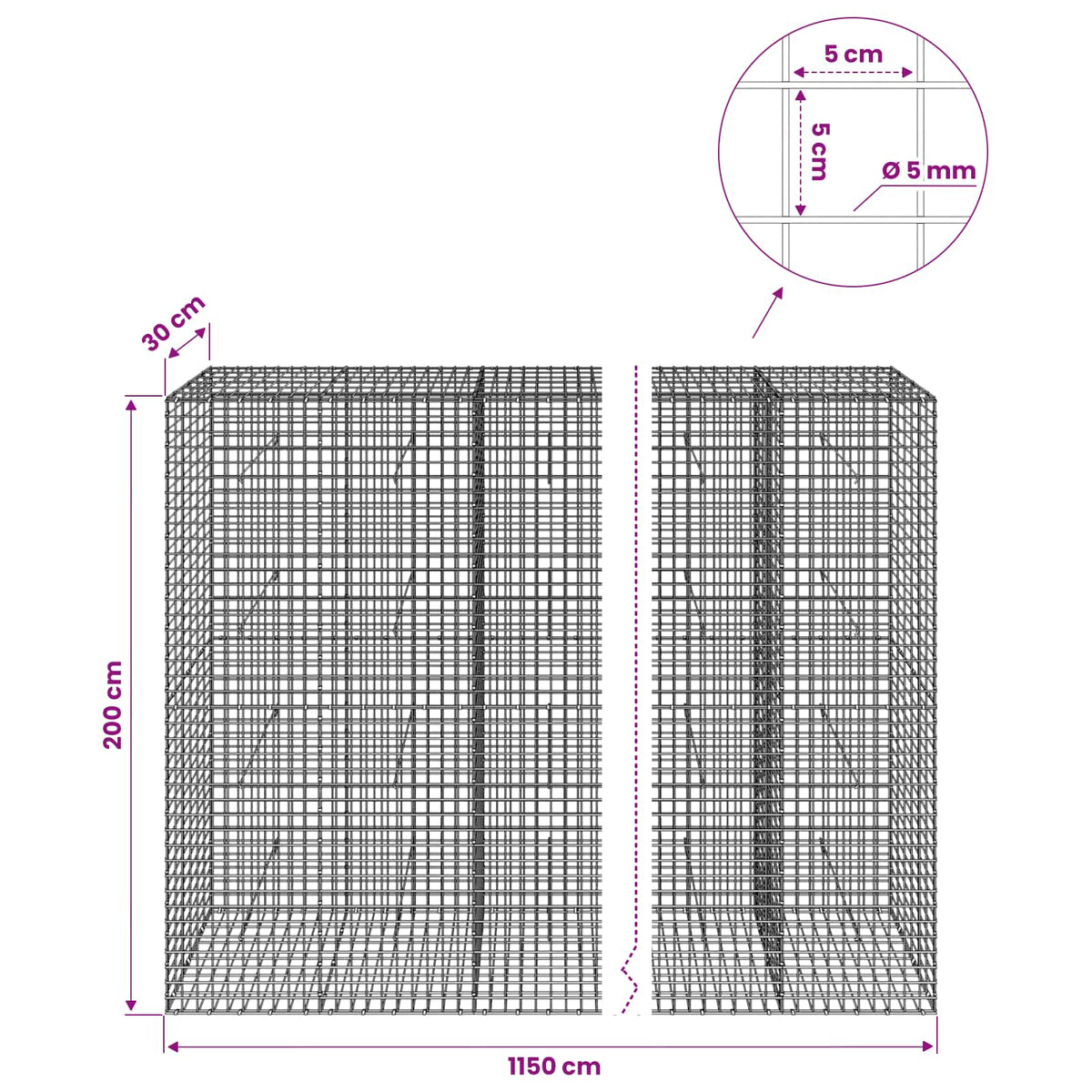 Gabion with 5 mm Wire and 5x5 cm Mesh 1150x30x200 cm