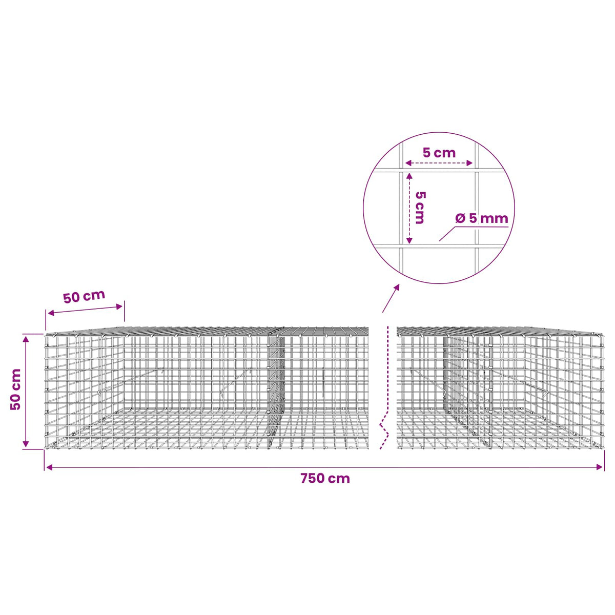 Gabion with 5 mm Wire and 5x5 cm Mesh 750x50x50 cm