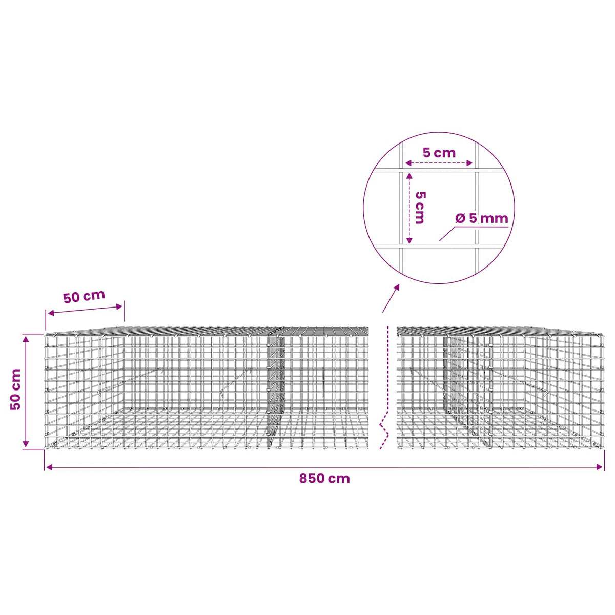 Gabion with 5 mm Wire and 5x5 cm Mesh 850x50x50 cm